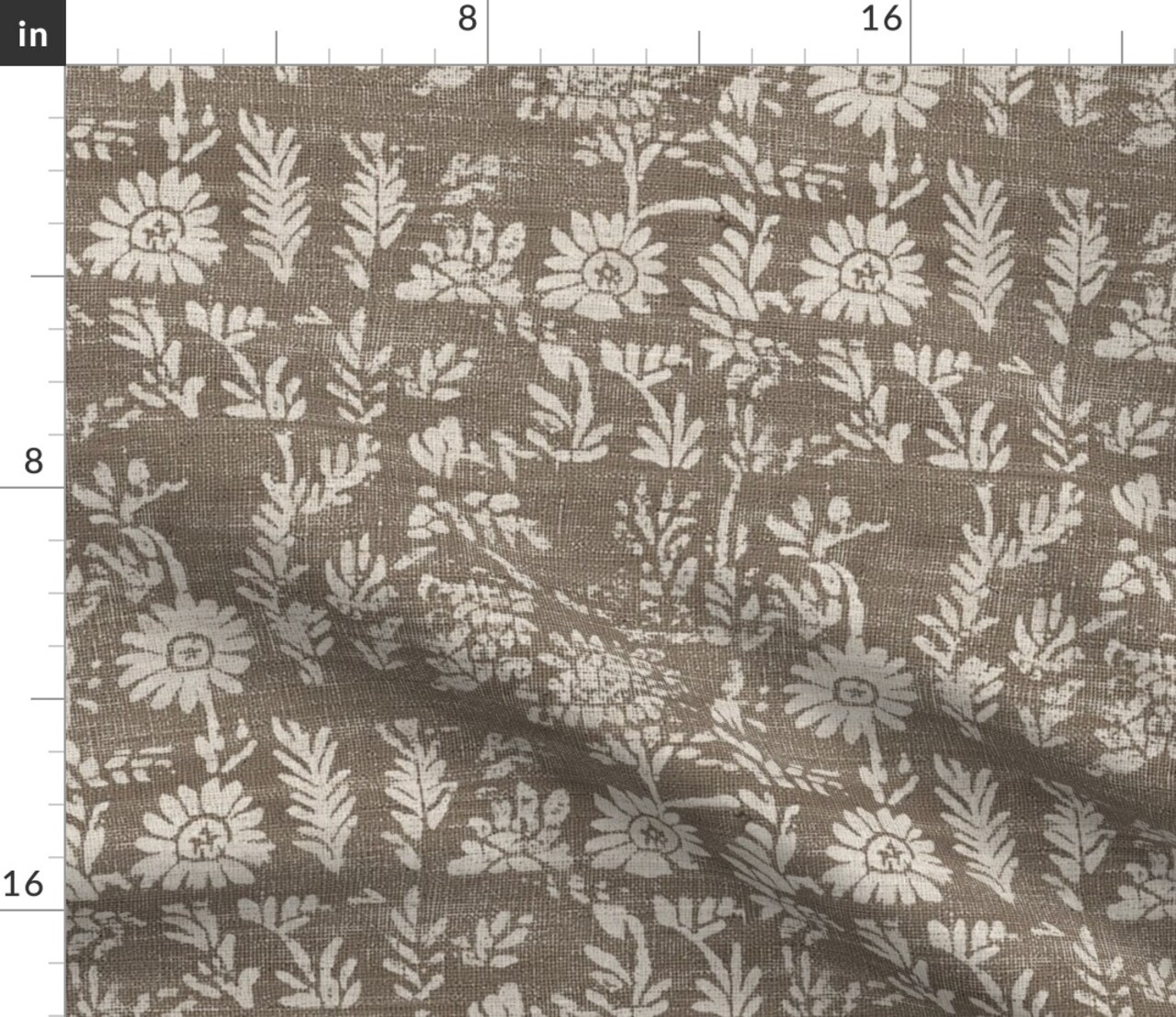Boho Floral Neutral Brown Beige Flowers Faux Texture Botanical Rustic Block Print Farmhouse Custom Printed Fabric by Spoonflower Various Fabrics by the Yard or Fat Quarter